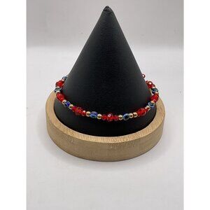 Adjustable Red & Blue Beaded Bracelet With Gold Our Lady Of Guadalupe Charm